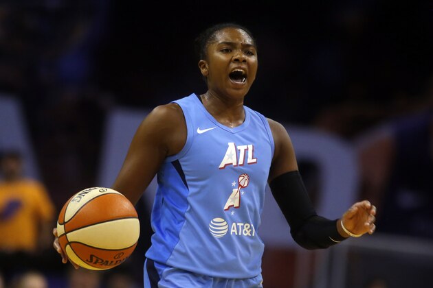 Atlanta Dream guard Renee Montgomery (21) during a WNBA basketball game against the Phoenix Mercury, Friday, Aug. 16, 2019, in Phoenix. (AP Photo/Rick Scuteri)