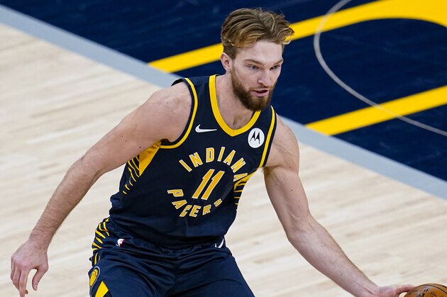 Indiana Pacers forward Domantas Sabonis (11) plays against the Utah Jazz during the second half of an NBA basketball game in Indianapolis, Sunday, Feb. 7, 2021. (AP Photo/Michael Conroy) Indiana Pacers forward Domantas Sabonis (11) plays against the Utah Jazz during the second half of an NBA basketball game in Indianapolis, Sunday, Feb. 7, 2021. (AP Photo/Michael Conroy)