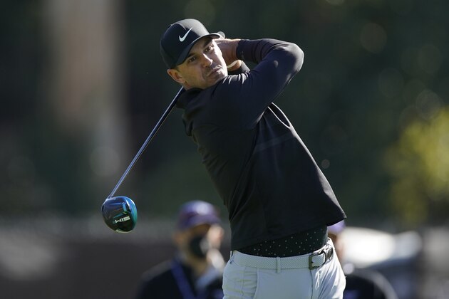 Brooks Koepka tees off on the second hole during the third round of the Genesis Invitational golf tournament at Riviera Country Club, Saturday, Feb. 20, 2021, in the Pacific Palisades area of Los Angeles. (AP Photo/Ryan Kang)