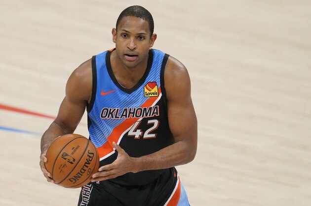 Oklahoma City Thunder center Al Horford (42) during an NBA basketball game against the Portland Trail Blazers, Tuesday, Feb. 16, 2021, in Oklahoma City. (AP Photo/Sue Ogrocki)