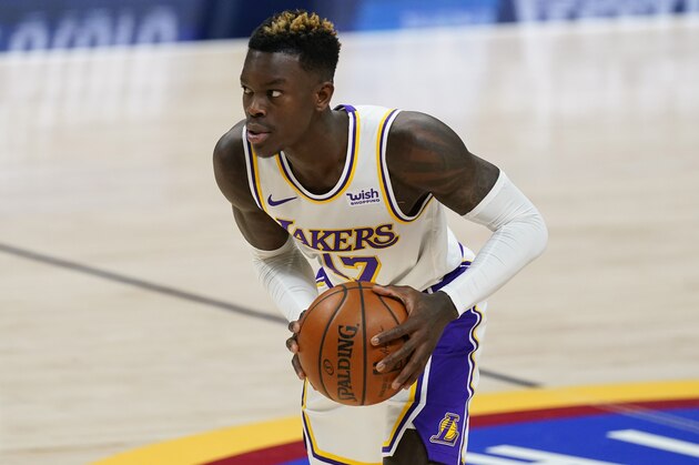 Los Angeles Lakers guard Dennis Schroder (17) in the second half of an NBA basketball game Sunday, Feb. 14, 2021, in Denver. (AP Photo/David Zalubowski)