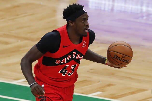 Toronto Raptors' Pascal Siakam plays against the Boston Celtics during the first half of an NBA basketball game, Thursday, Feb. 11, 2021, in Boston. (AP Photo/Michael Dwyer)