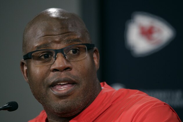 Kansas City Chiefs offensive coordinator Eric Bieniemy addresses the media during a news conference for Sunday's NFL AFC championship football game at Arrowhead Stadium in Kansas City, Mo., Thursday, Jan. 16, 2020. The Chiefs will face the Tennessee Titans for the opportunity to advance to the Super Bowl. (AP Photo/Charlie Riedel)