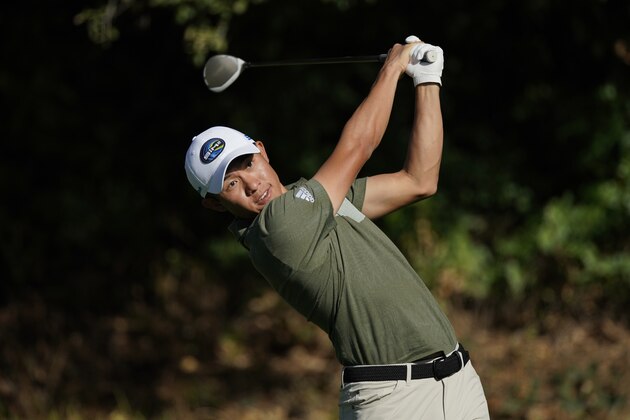 Collin Morikawa tees off on the 13th hole during the second round of the Genesis Invitational golf tournament at Riviera Country Club, Friday, Feb. 19, 2021, in the Pacific Palisades area of Los Angeles. (AP Photo/Ryan Kang)