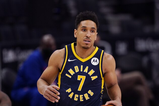 Indiana Pacers guard Malcolm Brogdon plays during the first half of an NBA basketball game, Thursday, Feb. 11, 2021, in Detroit. (AP Photo/Carlos Osorio)