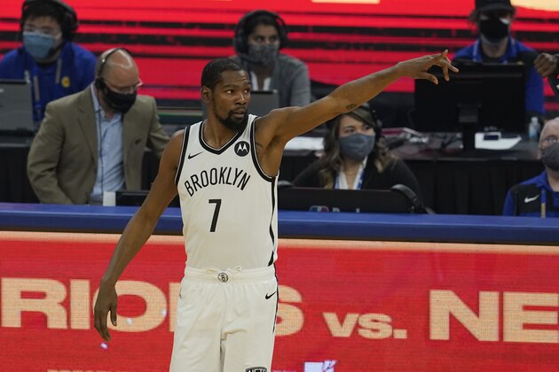 Brooklyn Nets forward Kevin Durant before an NBA basketball game against the Golden State Warriors in San Francisco, Saturday, Feb. 13, 2021. (AP Photo/Jeff Chiu)