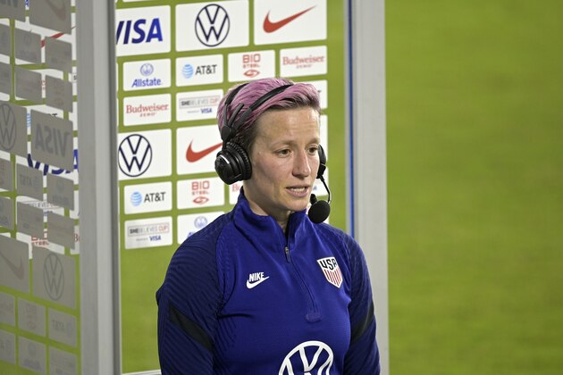 United States forward Megan Rapinoe is interviewed after a SheBelieves Cup women's soccer match against Argentina, Wednesday, Feb. 24, 2021, in Orlando, Fla. (AP Photo/Phelan M. Ebenhack)