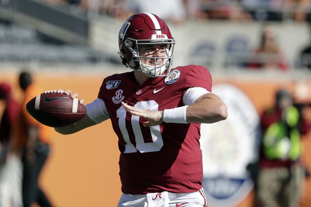 Alabama quarterback Mac Jones throws a pass warming up before the Citrus Bowl NCAA college football game against Michigan, Wednesday, Jan. 1, 2020, in Orlando, Fla. (AP Photo/John Raoux)