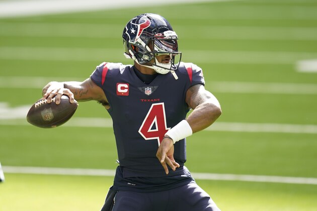 Houston Texans quarterback Deshaun Watson (4) looks to pass during pregame warmups before an NFL football game against the Cincinnati Bengals, Sunday, Dec. 27, 2020, in Houston. (AP Photo/Matt Patterson)