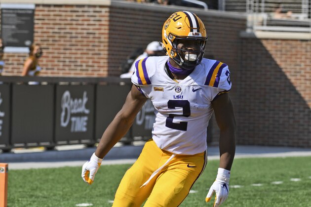 LSU tight end Arik Gilbert celebrates after scoring during the first half of an NCAA college football game against Missouri Saturday, Oct. 10, 2020, in Columbia, Mo. (AP Photo/L.G. Patterson)