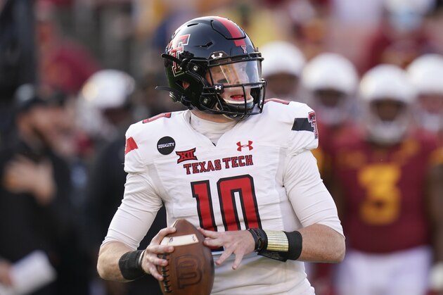 Texas Tech quarterback Alan Bowman throws a pass during the second half of an NCAA college football game against Iowa State, Saturday, Oct. 10, 2020, in Ames, Iowa. Iowa State won 31-15. (AP Photo/Charlie Neibergall)