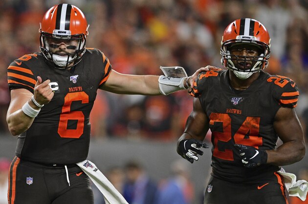 Cleveland Browns quarterback Baker Mayfield and running back Nick Chubb line up during the second half of an NFL football game against the Los Angeles Rams, Sunday, Sept. 22, 2019, in Cleveland. The Rams won 20-13. (AP Photo/David Dermer)