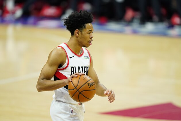 Portland Trail Blazers' Anfernee Simons plays during an NBA basketball game against the Philadelphia 76ers, Thursday, Feb. 4, 2021, in Philadelphia. (AP Photo/Matt Slocum)