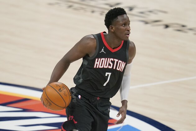 Houston Rockets guard Victor Oladipo (7) during an NBA basketball game against the Oklahoma City Thunder, Wednesday, Feb. 3, 2021, in Oklahoma City. (AP Photo/Sue Ogrocki)