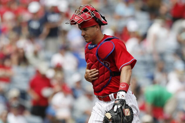 Philadelphia Phillies catcher J.T. Realmuto is seen during a spring training baseball game, Monday, March 9, 2020, in Clearwater, Fla. (AP Photo/Carlos Osorio)