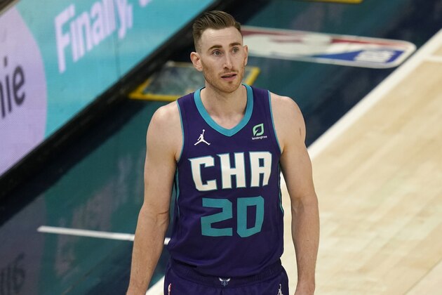 Charlotte Hornets forward Gordon Hayward (20) walks on the court in the first half during an NBA basketball game against the Utah Jazz Monday, Feb. 22, 2021, in Salt Lake City. (AP Photo/Rick Bowmer)