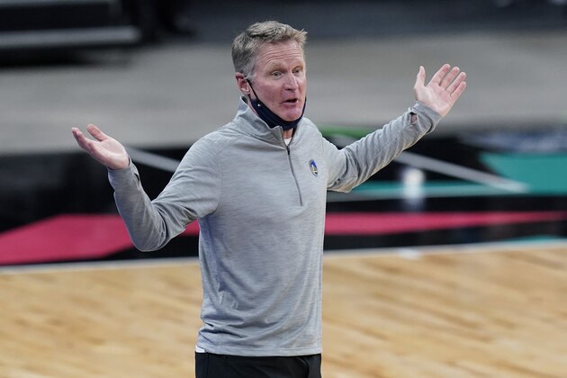 Golden State Warriors head coach Steve Kerr questions a call during the first half of an NBA basketball game against the San Antonio Spurs in San Antonio, Tuesday, Feb. 9, 2021. (AP Photo/Eric Gay)