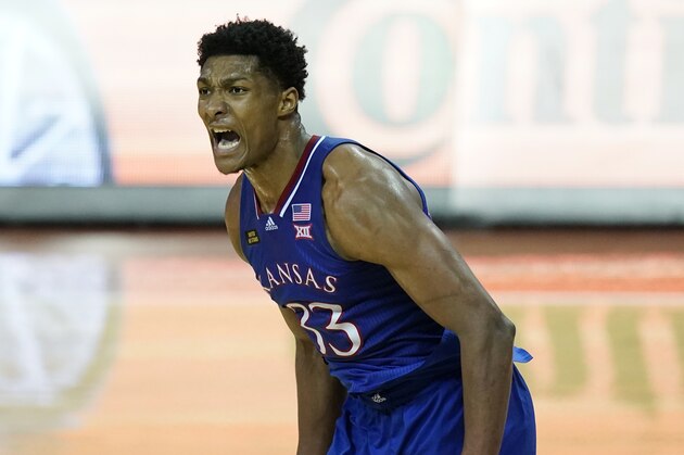 Kansas forward David McCormack (33) during the second half of an NCAA college basketball game, Tuesday, Feb. 23, 2021, in Austin, Texas. (AP Photo/Eric Gay)