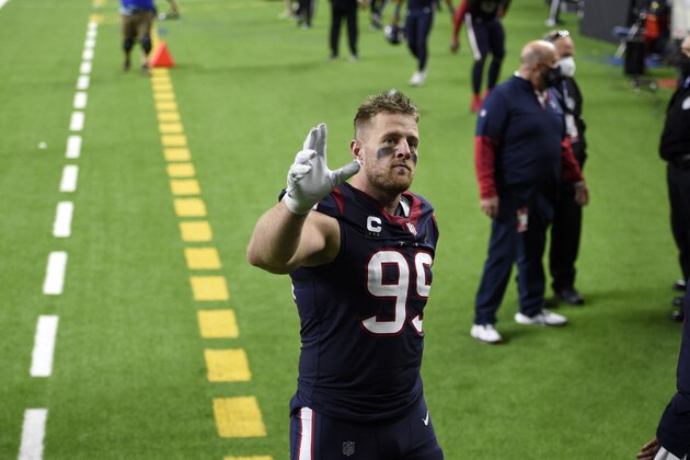 Houston Texans defensive end J.J. Watt (99) waves to fans as he walks off the field after an NFL football game against the Tennessee Titans Sunday, Jan. 3, 2021, in Houston. The Titans won 41-38. (AP Photo/Eric Christian Smith)
