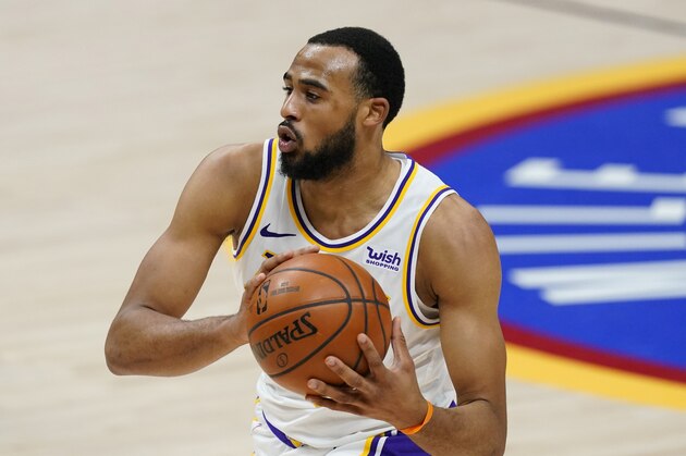 Los Angeles Lakers guard Talen Horton-Tucker (5) in the second half of an NBA basketball game Sunday, Feb. 14, 2021, in Denver. The Nuggegts won 122-105. (AP Photo/David Zalubowski)