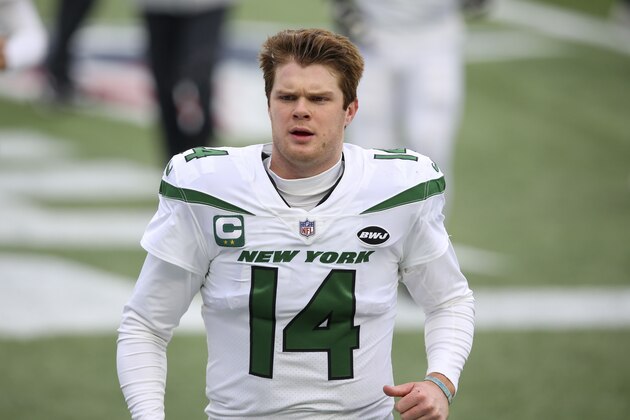 New York Jets quarterback Sam Darnold (14) prior to an NFL football game against the New England Patriots, Sunday, Jan. 3, 2021, in Foxborough, Mass. (AP Photo/Stew Milne)