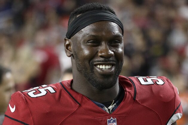 Arizona Cardinals defensive end Chandler Jones (55) during the first half of a preseason NFL football game against the Denver Broncos, Thursday, Aug. 30, 2018, in Glendale, Ariz. (AP Photo/Rick Scuteri)