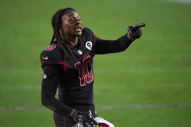 Arizona Cardinals wide receiver DeAndre Hopkins (10) reacts on the field during an NFL football game against the Los Angeles Rams, Sunday, Dec. 6, 2020, in Glendale, Ariz. (AP Photo/Jennifer Stewart)