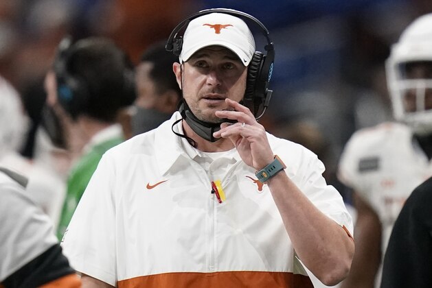 FILE - This Dec. 29, 2020 file photo shows Texas head coach Tom Herman during the second half of the Alamo Bowl NCAA college football game against Colorado in San Antonio.  Texas has fired football Herman, Saturday, Jan. 2, 2021, after four seasons of failing to win a Big 12 championship and making only one appearance in the league title game. (AP Photo/Eric Gay, File)