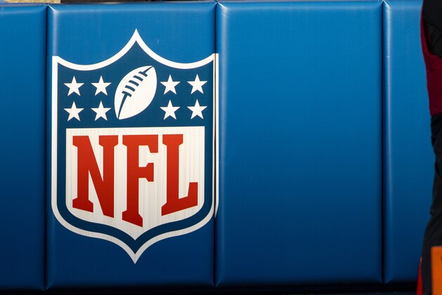 Detail view of NFL shield logo on the wall of the stadium during the third quarter of an NFL wild-card playoff football game between the Buffalo Bills and the Indianapolis Colts, Saturday, Jan. 9, 2021, in Orchard Park, N.Y. Buffalo won the game 27-24. (AP Photo/Brett Carlsen)