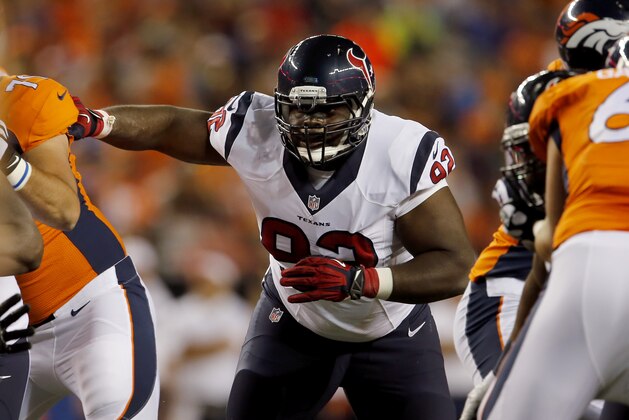 Houston Texans defensive tackle Louis Nix (92) lines up against the Denver Broncos during the second half of an NFL preseason football game, Saturday, Aug. 23, 2014, in Denver. (AP Photo/Joe Mahoney)