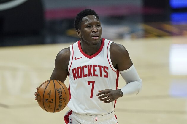 Houston Rockets' Victor Oladipo drives in the second half of an NBA basketball game against the Cleveland Cavaliers, Wednesday, Feb. 24, 2021, in Cleveland. (AP Photo/Tony Dejak)