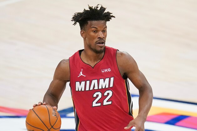 Miami Heat forward Jimmy Butler (22) during an NBA basketball game against the Oklahoma City Thunder, Monday, Feb. 22, 2021, in Oklahoma City. (AP Photo/Sue Ogrocki)