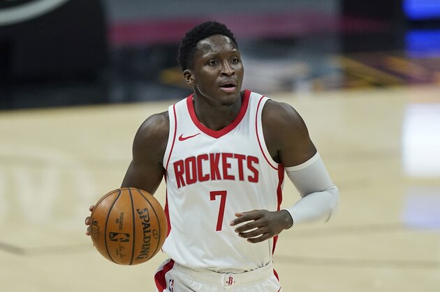 Houston Rockets' Victor Oladipo drives in the second half of an NBA basketball game against the Cleveland Cavaliers, Wednesday, Feb. 24, 2021, in Cleveland. (AP Photo/Tony Dejak)