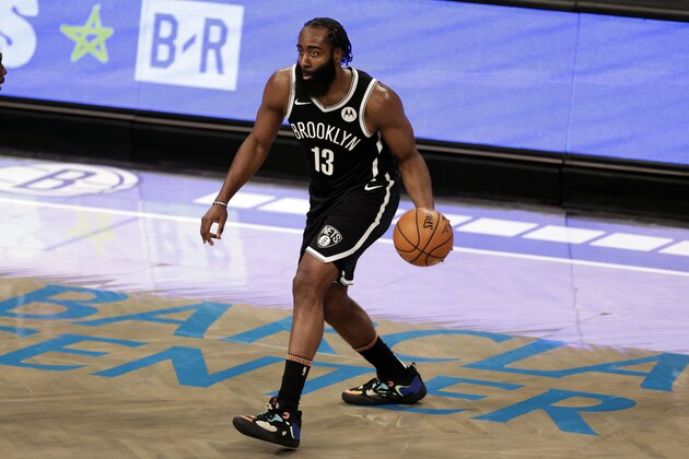 Brooklyn Nets guard James Harden (13) in action during an NBA basketball game against the Milwaukee Bucks, Monday, Jan. 18, 2021, in New York. The Nets won 123-125. (AP Photo/Adam Hunger)