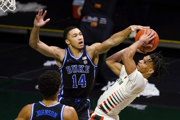 Duke guard Jordan Goldwire (14) fouls Miami guard Isaiah Wong (2) as he drives to the basket, during the second half of an NCAA college basketball game, Monday, Feb. 1, 2021, in Coral Gables, Fla. (AP Photo/Marta Lavandier)