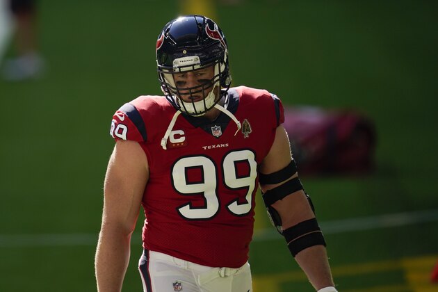 Houston Texans defensive end J. J. Watt (99) during pregame warmups before an NFL football game against the Indianapolis Colts, Sunday, Dec. 6, 2020, in Houston. (AP Photo/Matt Patterson)