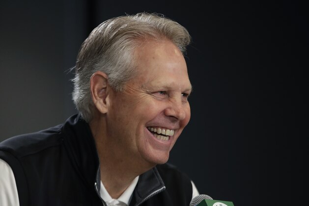 Boston Celtics basketball general manager Danny Ainge laughs during a news conference, Monday, June 24, 2019, in Boston, to introduce the team's 2019 draft players. (AP Photo/Elise Amendola)