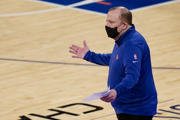 New York Knicks coach Tom Thibodeau reacts during the first half of the team's NBA basketball game against the Sacramento Kings, Thursday, Feb. 25, 2021, in New York. (AP Photo/John Minchillo, Pool)