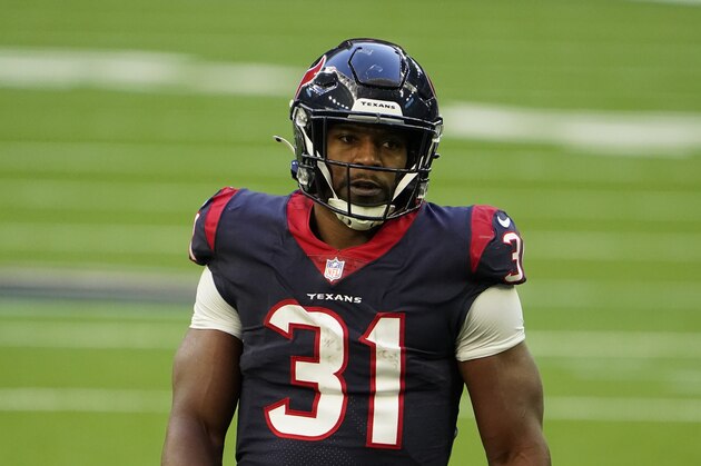 Houston Texans running back David Johnson lines up against the Tennessee Titans during the first half of an NFL football game Sunday, Jan. 3, 2021, in Houston. (AP Photo/Eric Christian Smith)
