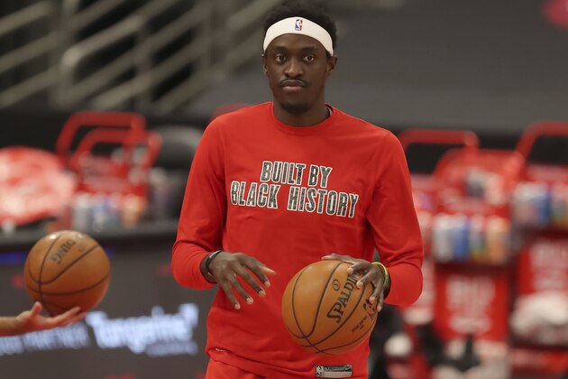 Toronto Raptors' Pascal Siakam warms up in a special Black History Month shirt prior to an NBA basketball game against the Minnesota Timberwolves, Sunday, Feb. 14, 2021, in Tampa, Fla. (AP Photo/Mike Carlson) Toronto Raptors' Pascal Siakam warms up in a special Black History Month shirt prior to an NBA basketball game against the Minnesota Timberwolves, Sunday, Feb. 14, 2021, in Tampa, Fla. (AP Photo/Mike Carlson)