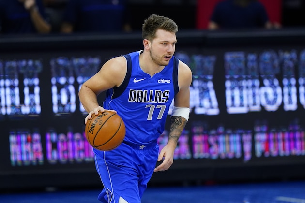 Dallas Mavericks' Luka Doncic plays during an NBA basketball game against the Philadelphia 76ers, Thursday, Feb. 25, 2021, in Philadelphia. (AP Photo/Matt Slocum)