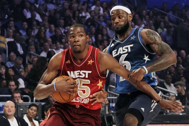 Eastern Conference's LeBron James (6), of the Miami Heat, pressures Western Conference's Kevin Durant (35), of the Oklahoma City Thunder, during the NBA All-Star basketball game, Sunday, Feb. 26, 2012, in Orlando, Fla. (AP Photo/Chris O'Meara)