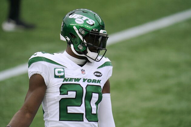 New York Jets free safety Marcus Maye warms up before an NFL football game against the New England Patriots, Sunday, Jan. 3, 2021, in Foxborough, Mass. (AP Photo/Charles Krupa)