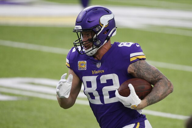 Minnesota Vikings tight end Kyle Rudolph (82) runs after a catch against the Atlanta Falcons during the first half of an NFL football game, Sunday, Oct. 18, 2020, in Minneapolis. (AP Photo/Bruce Kluckhohn)