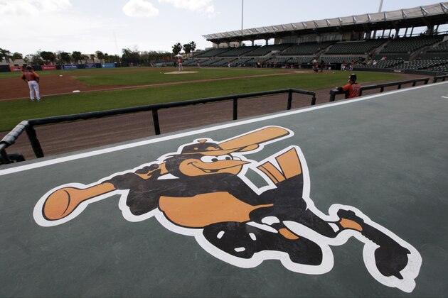 The Baltimore Orioles logo is seen on a dugout during a baseball spring training workout Thursday, Feb. 21, 2013, in Sarasota, Fla. (AP Photo/Charlie Neibergall)