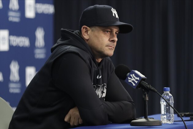 New York Yankees manager Aaron Boone speaks during a news conference before the start of spring training baseball Wednesday, Feb. 12, 2020, in Tampa, Fla. (AP Photo/Frank Franklin II)