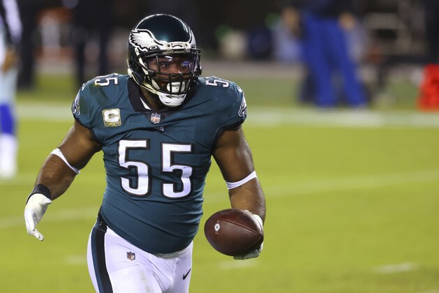 Philadelphia Eagles' Brandon Graham (55) reacts after sacking Dallas Cowboys Ben DiNucci (7) and recovering the fumble during the first quarter of an NFL football game, Sunday, Nov. 1, 2020, in Philadelphia. The Eagles defeated the Cowboys 23-9. (AP Photo/Rich Schultz)