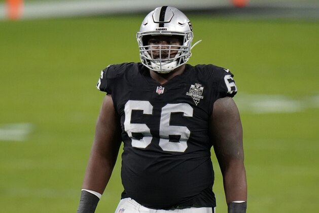 Las Vegas Raiders guard Gabe Jackson #66 prepares to line up against the Los Angeles Chargers during the first quarter in an NFL football game, Sunday, Dec. 13, 2020, in Las Vegas. (AP Photo/Jeff Bottari)