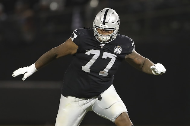 Oakland Raiders offensive tackle Trent Brown (77) protects a gap in the offensive line during an NFL football game, Monday, Sept. 9, 2019, in Oakland, Calif. (AP Photo/Peter Joneleit)
