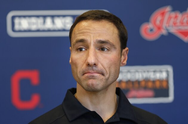 Cleveland Indians general manager Chris Antonetti talks with reporters after spring training baseball practice in Goodyear, Ariz., Thursday, Feb. 13, 2014. (AP Photo/Paul Sancya)